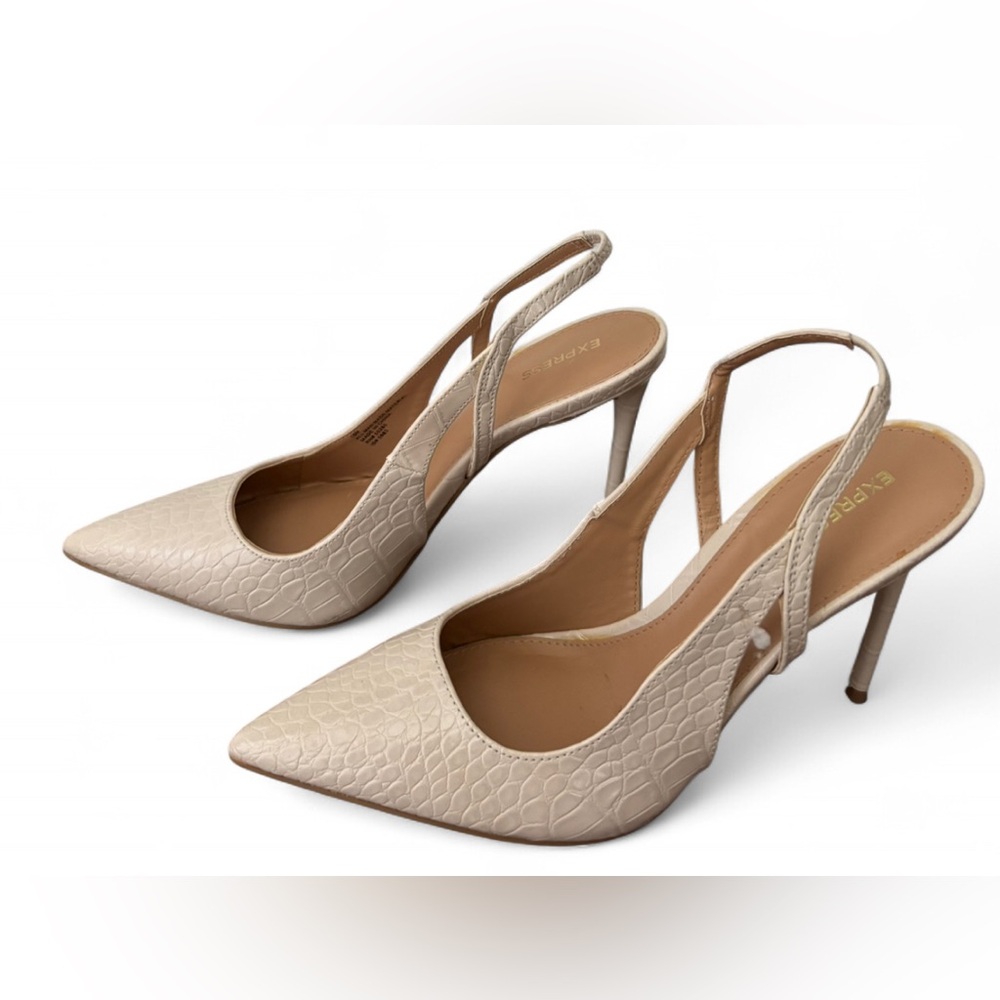 Express Beige Textured Slingback Heels